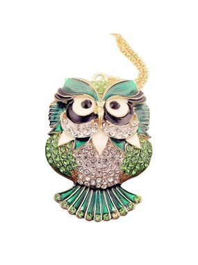 Betsey Johnson Green Enamel Owl Pendant Necklace with Iridescent Crystals Gold T